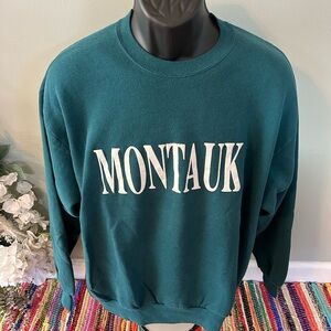 80s Montauk Puff Print Crewneck Sweatshirt Teal Green Jerzees Vintage XL